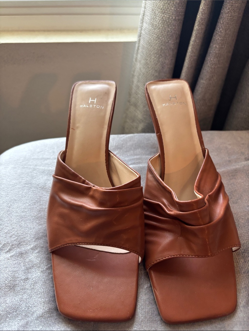 Halston Heritage Cognac Leather Ruched Slide Mules